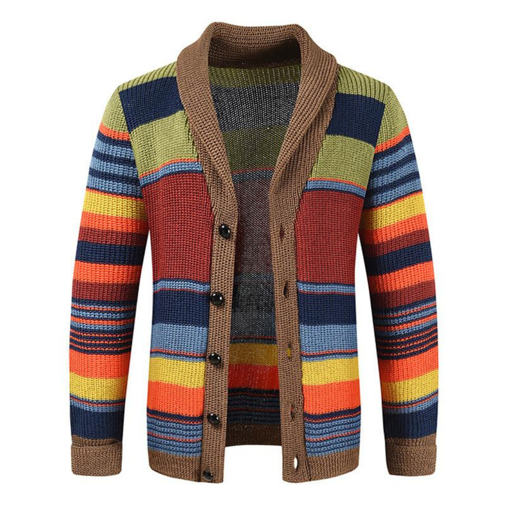 Men's multicolor striped cardigan with shawl collar and button front
