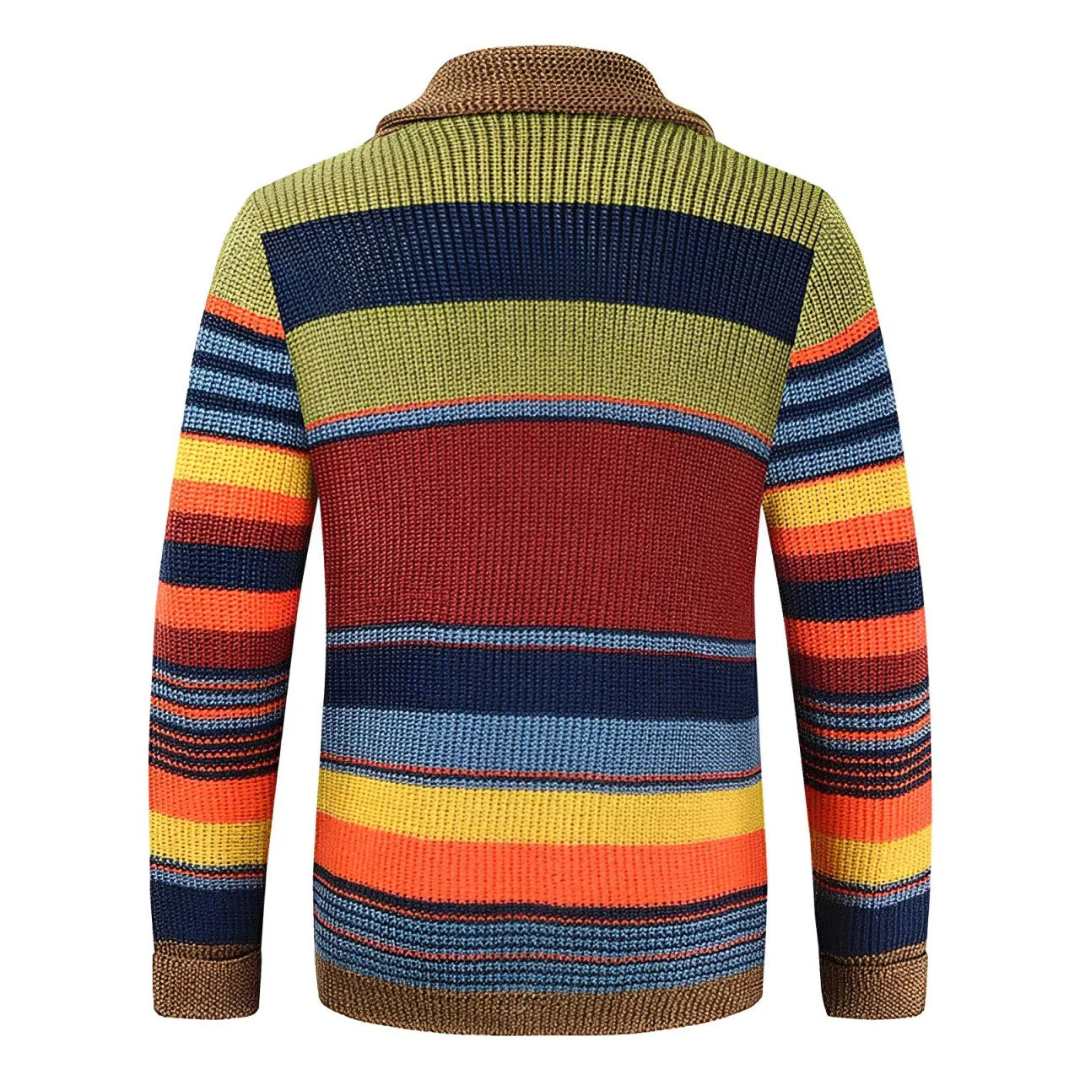 Men's multicolor striped cardigan with shawl collar and button front