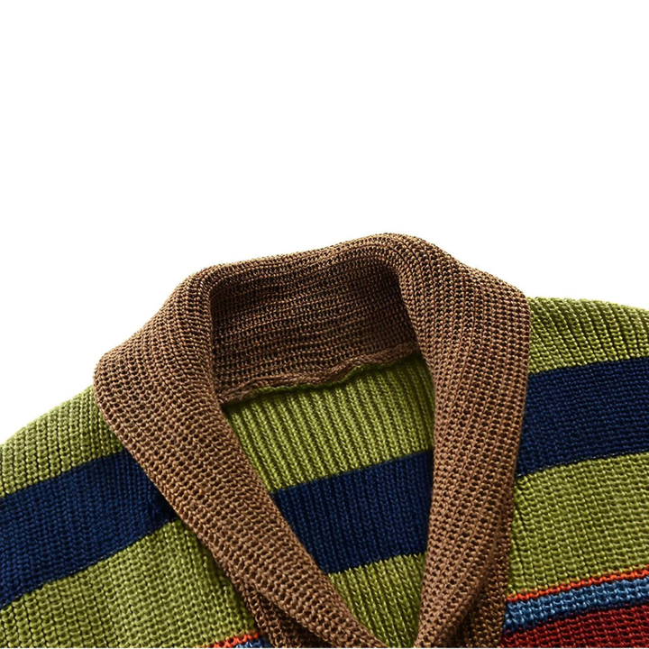 Men's multicolor striped cardigan with shawl collar and button front