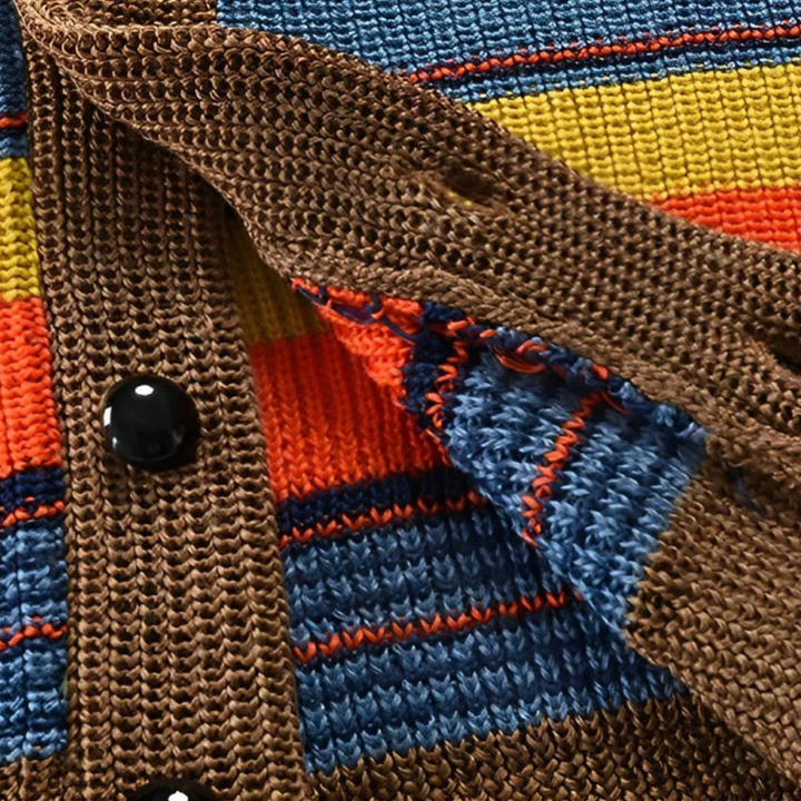 Men's multicolor striped cardigan with shawl collar and button front