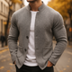 Men's textured knit cardigan with stand collar, button front and patch pockets
