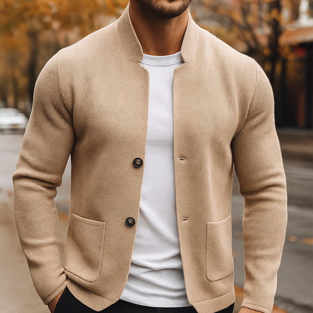 Men's textured knit cardigan with stand collar, button front and patch pockets