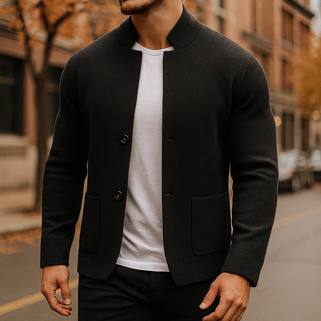Men's textured knit cardigan with stand collar, button front and patch pockets