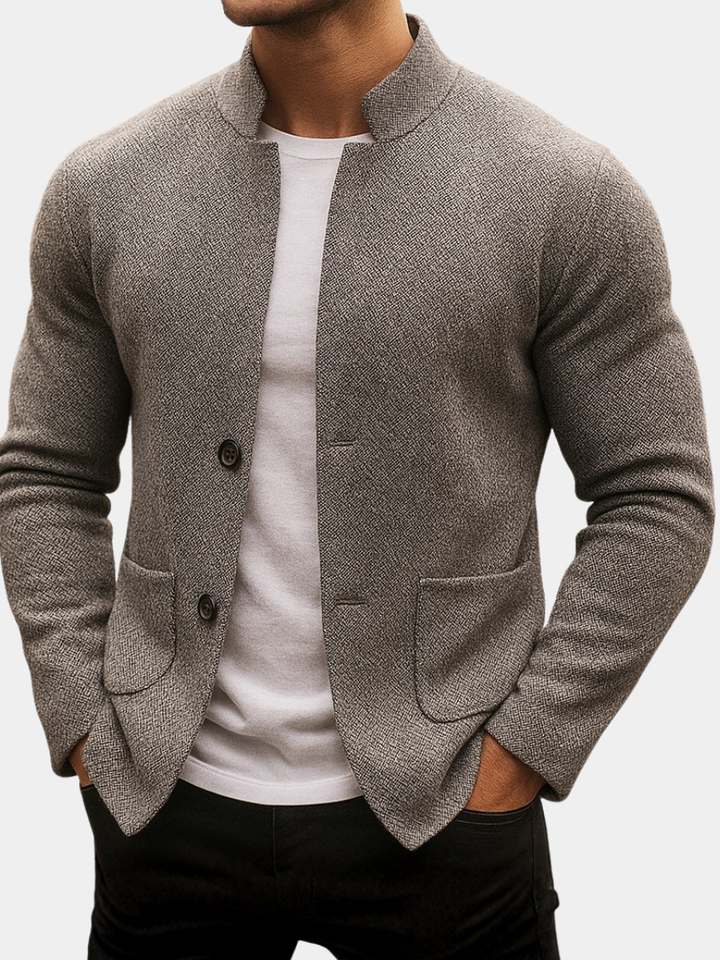 Men's textured knit cardigan with stand collar, button front and patch pockets