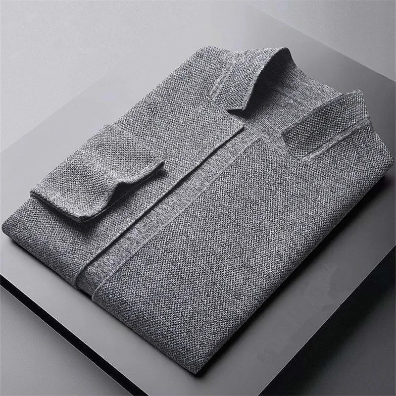 Men's textured knit cardigan with stand collar, button front and patch pockets