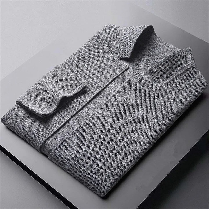 Men's textured knit cardigan with stand collar, button front and patch pockets