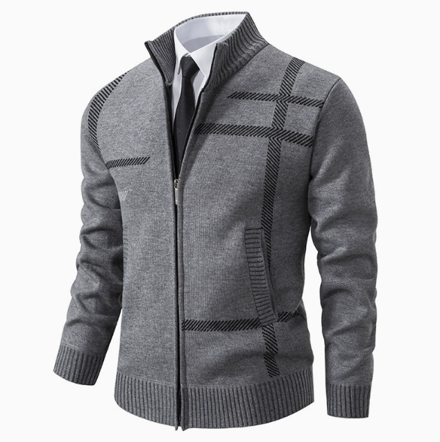 Men's zip cardigan with stand collar, geometric pattern and ribbed trims