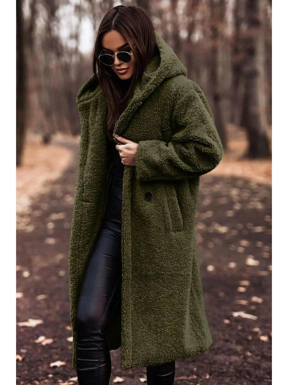 Women's longline hooded teddy coat with long sleeves and front pockets