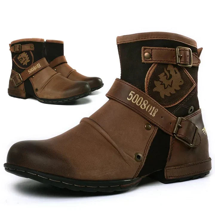 Men's biker ankle boots with buckle straps, round toes and side emblems