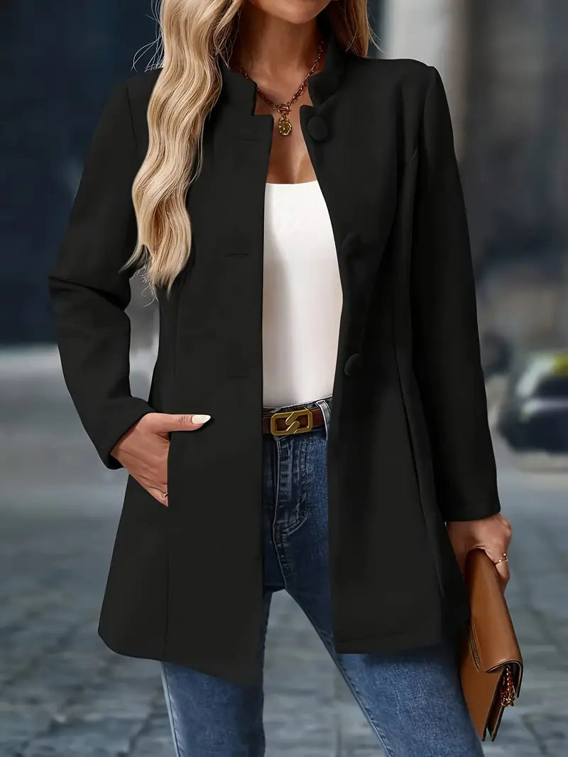 Women's longline jacket with Mandarin collar, button front, long sleeves and side pockets
