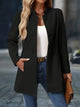 Women's longline jacket with Mandarin collar, button front, long sleeves and side pockets