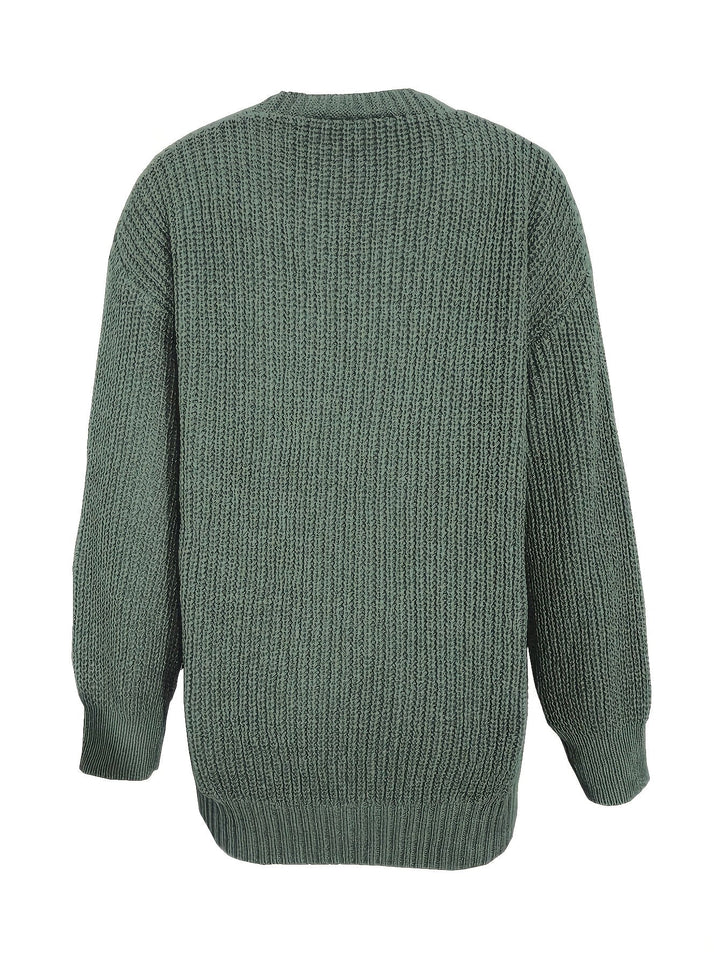 Women's ribbed button-front cardigan with V-neck, long sleeves and patch pockets