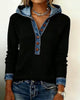 Women's black hooded top with blue denim-look trim