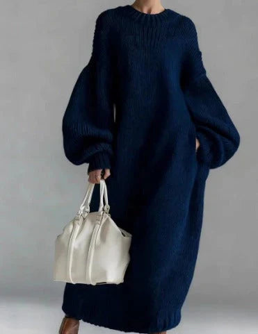 Women's full-length knit dress with crew neck and long balloon sleeves