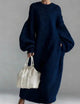 Women's full-length knit dress with crew neck and long balloon sleeves