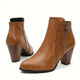 Women's ankle boots with side zippers and high block heels in black and brown