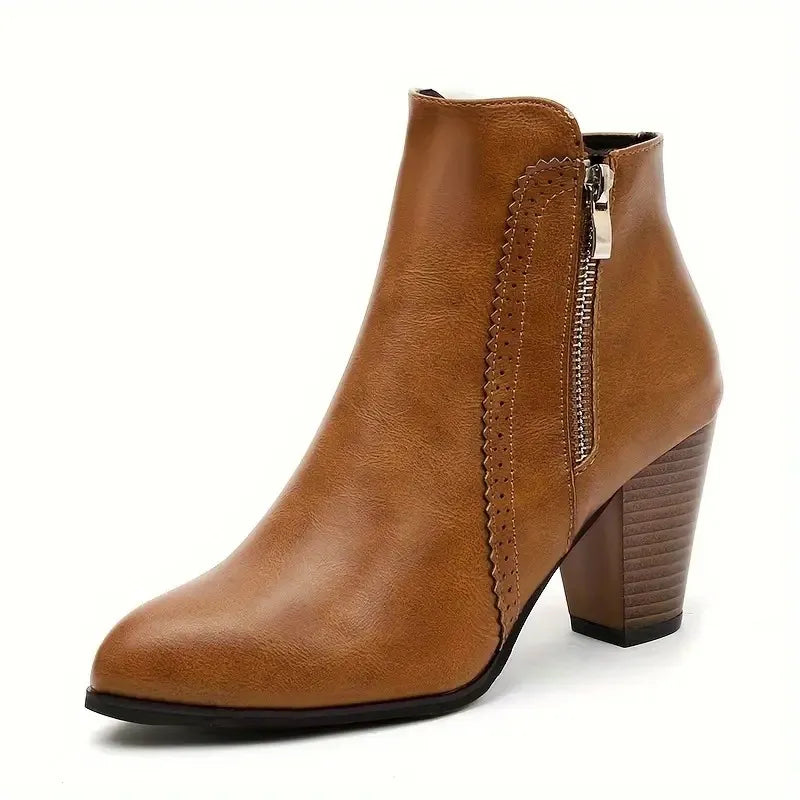Women's ankle boots with side zippers and high block heels in black and brown