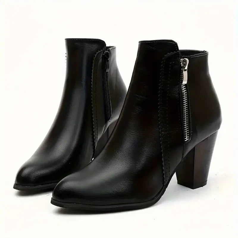 Women's ankle boots with side zippers and high block heels in black and brown