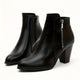 Women's ankle boots with side zippers and high block heels in black and brown