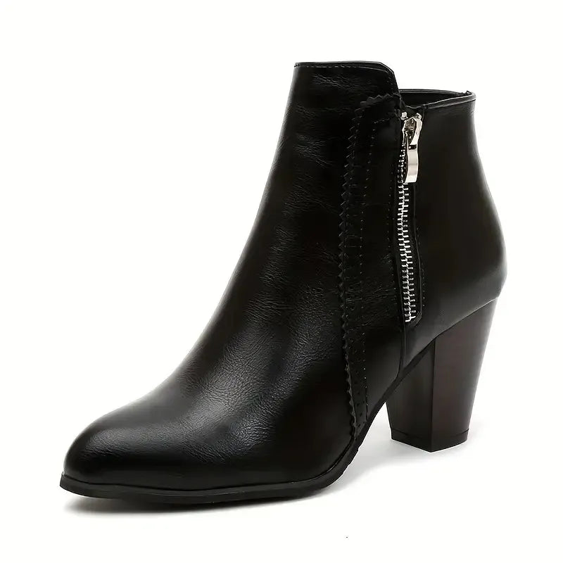 Women's ankle boots with side zippers and high block heels in black and brown