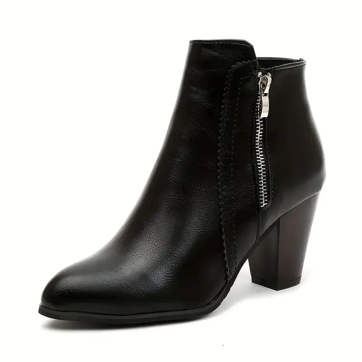 Women's ankle boots with side zippers and high block heels in black and brown