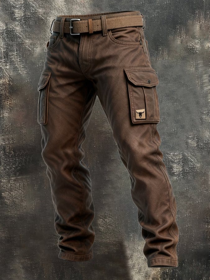 Brown cargo trousers with button flap pockets and matching belt