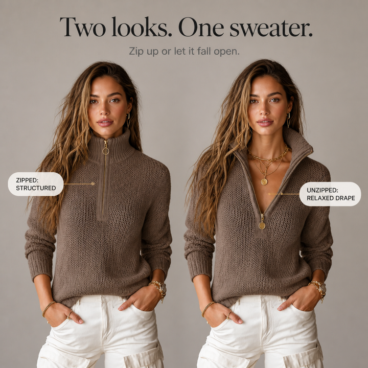 Women's textured quarter-zip jumper with mock neck and long sleeves