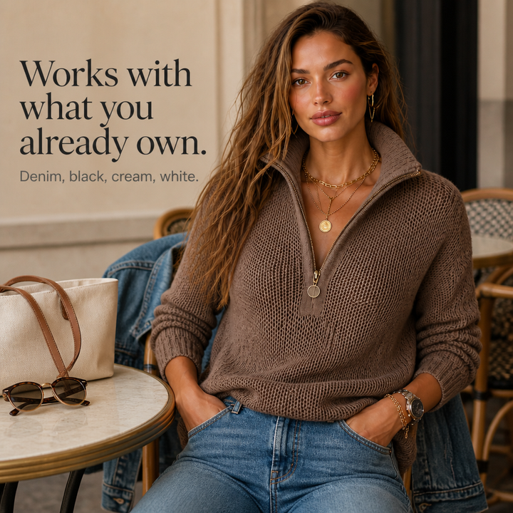 Women's textured quarter-zip jumper with mock neck and long sleeves