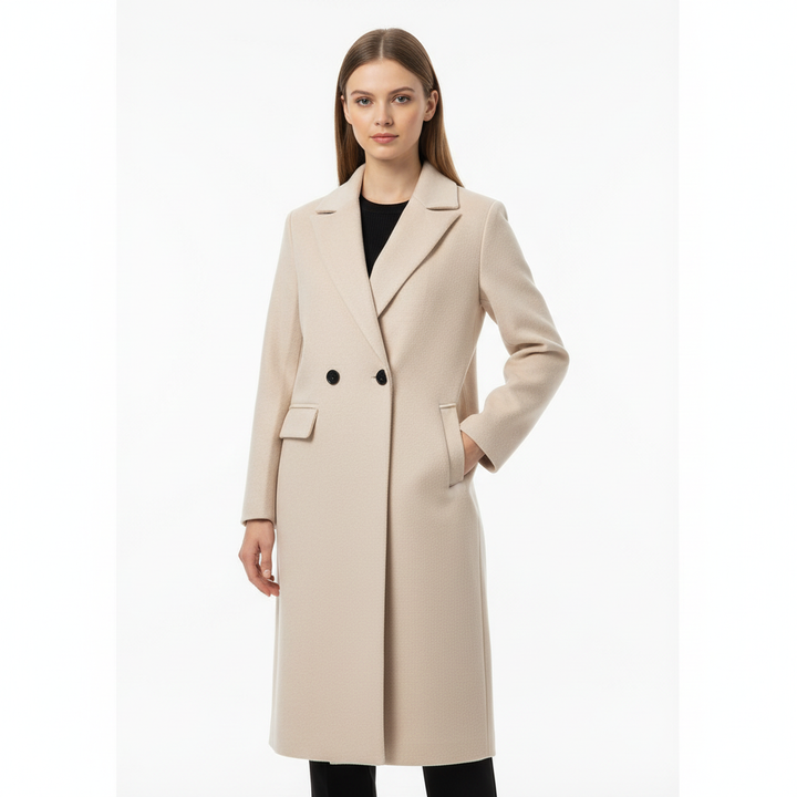 Women's longline double breasted coat with notched collar