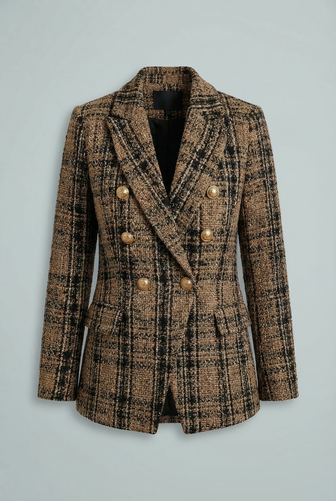 Women's beige plaid double-breasted blazer with gold-tone buttons