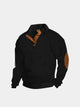 Men's textured knit sweater with mock neck, button placket and elbow patches