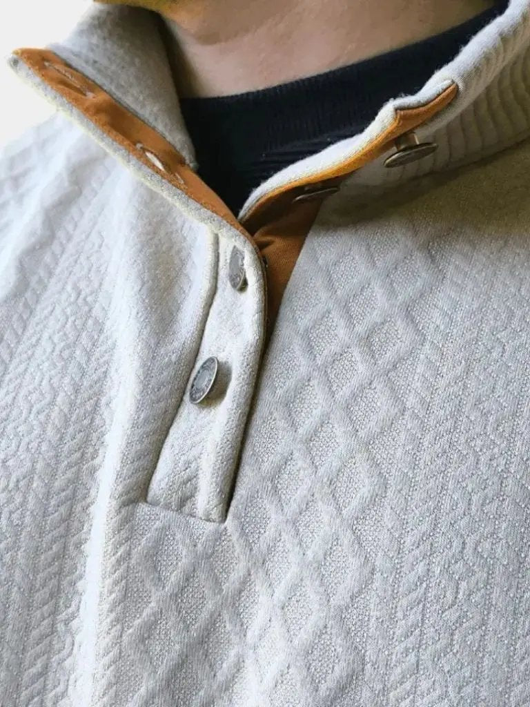 Men's textured knit sweater with mock neck, button placket and elbow patches