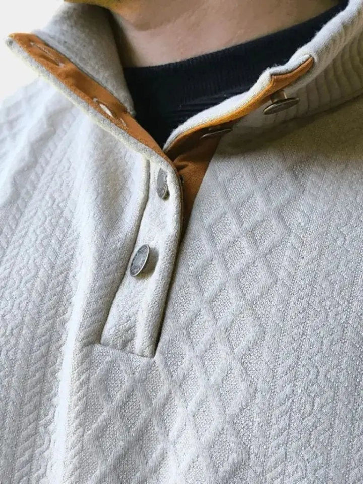 Men's textured knit sweater with mock neck, button placket and elbow patches