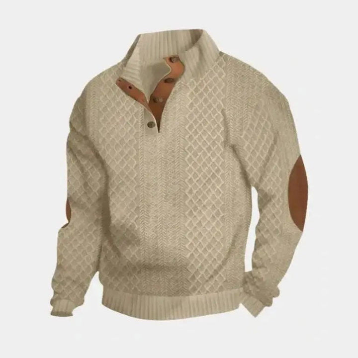 Men's textured knit sweater with mock neck, button placket and elbow patches