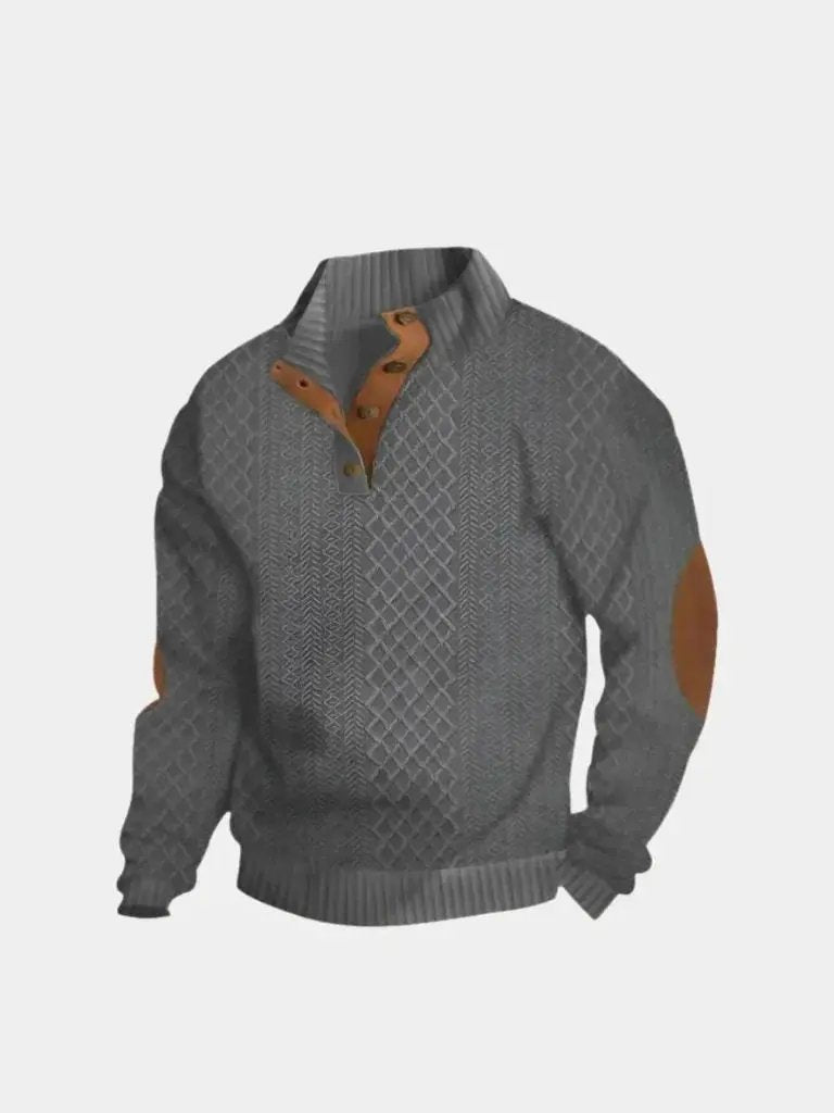 Men's textured knit sweater with mock neck, button placket and elbow patches