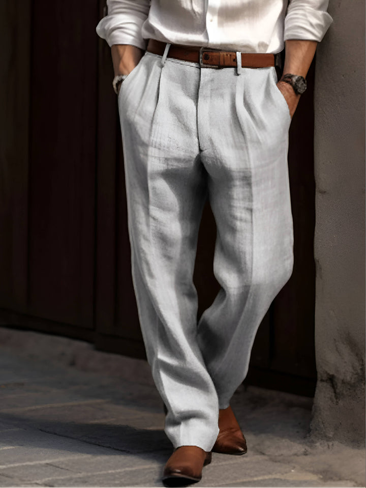 Men's pleated straight-leg trousers with belt loops and side pockets