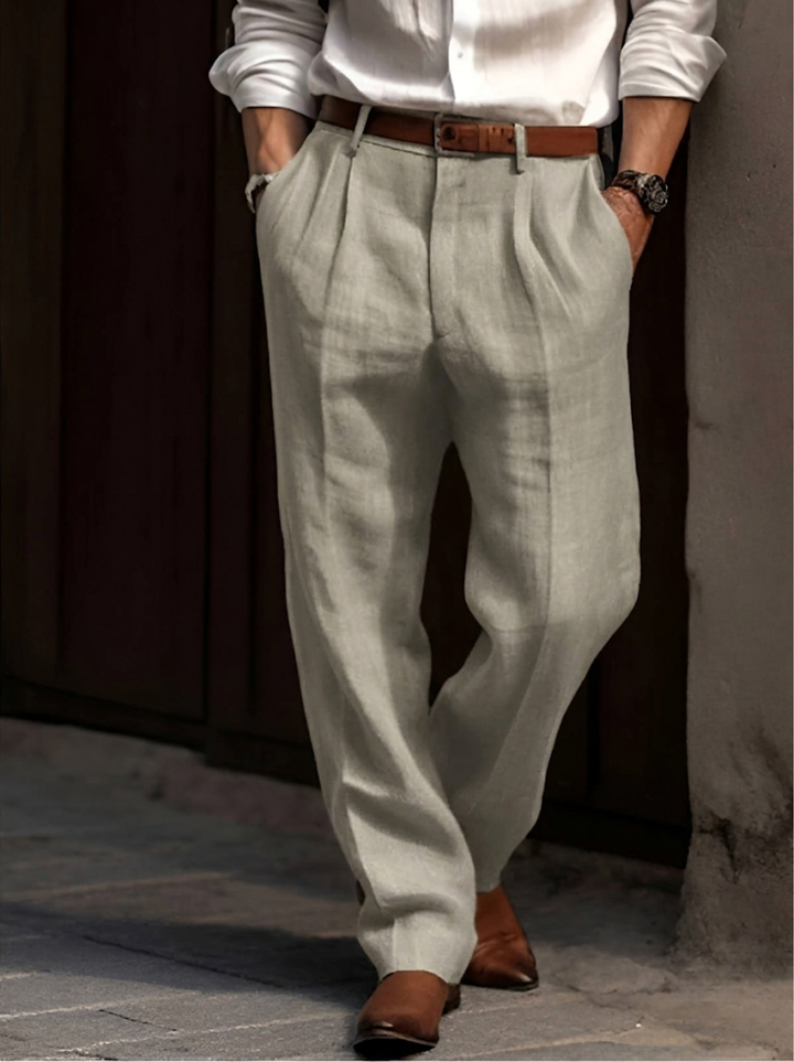 Men's pleated straight-leg trousers with belt loops and side pockets