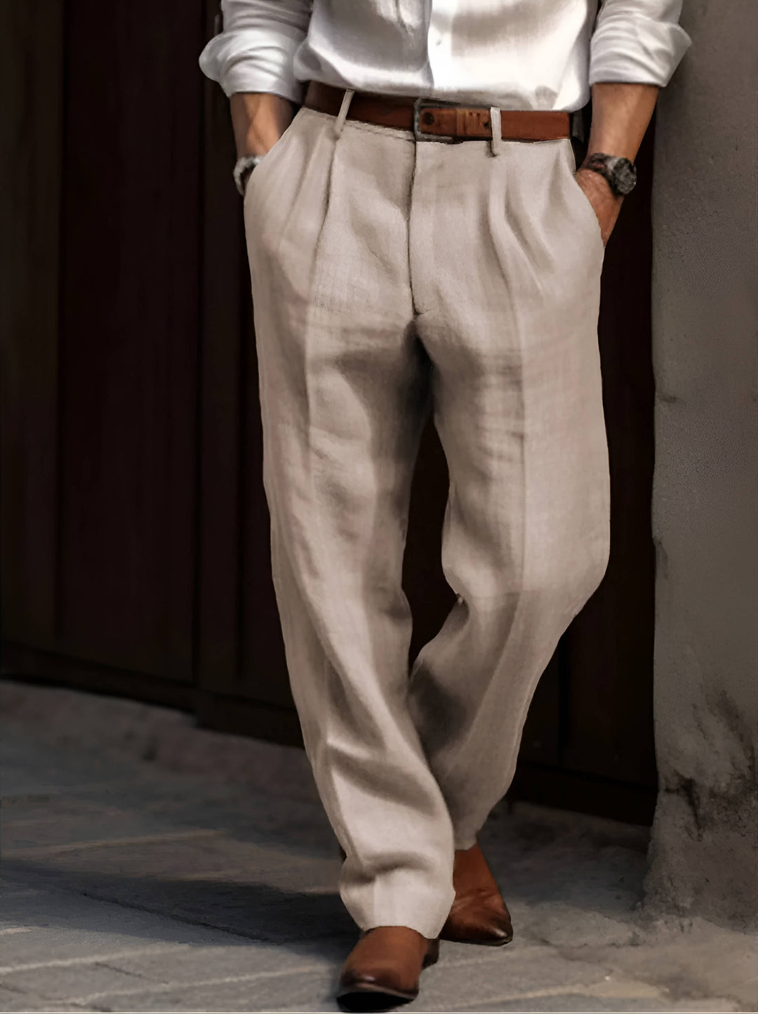 Men's pleated straight-leg trousers with belt loops and side pockets