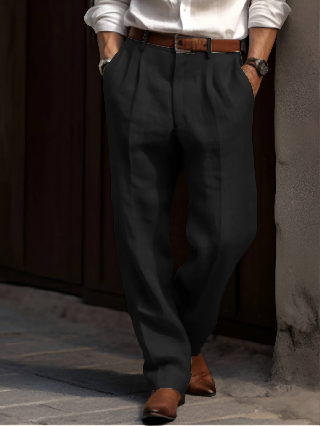 Men's pleated straight-leg trousers with belt loops and side pockets