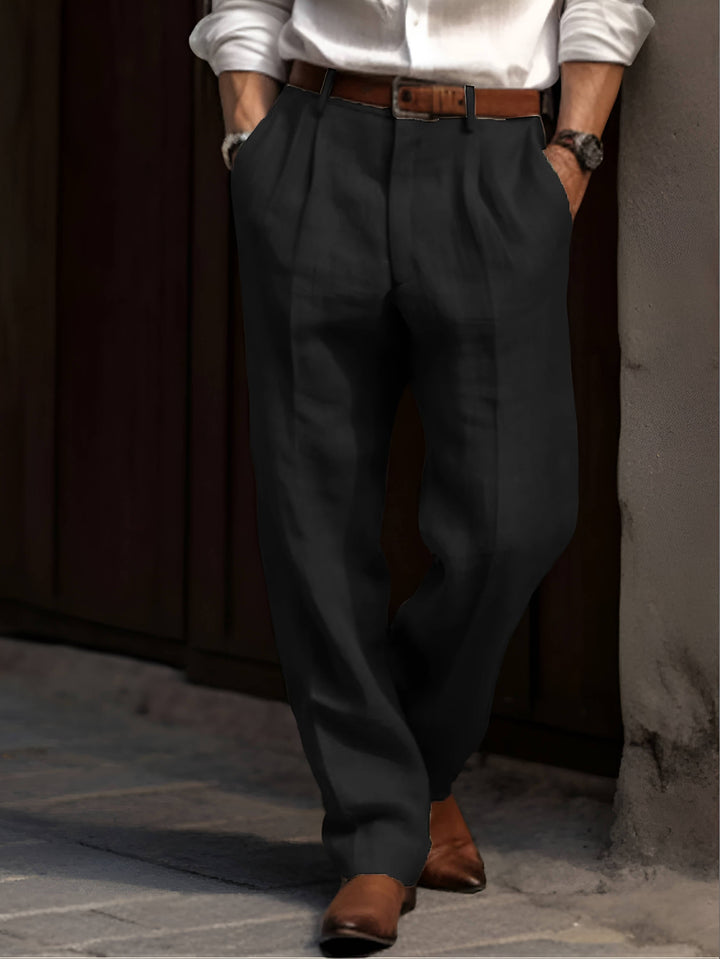Men's pleated straight-leg trousers with belt loops and side pockets
