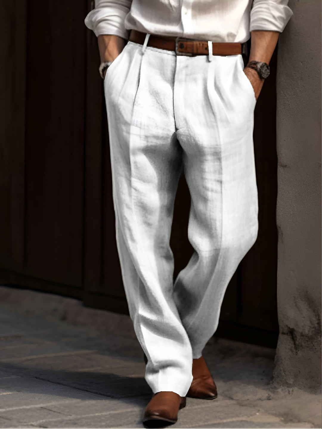 Men's pleated straight-leg trousers with belt loops and side pockets