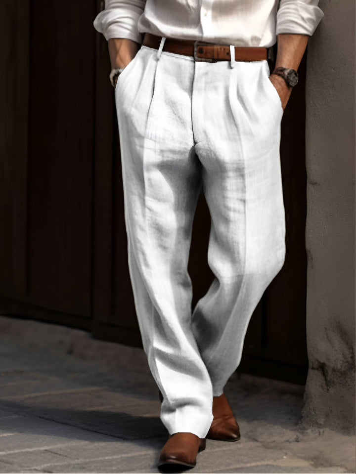Men's pleated straight-leg trousers with belt loops and side pockets