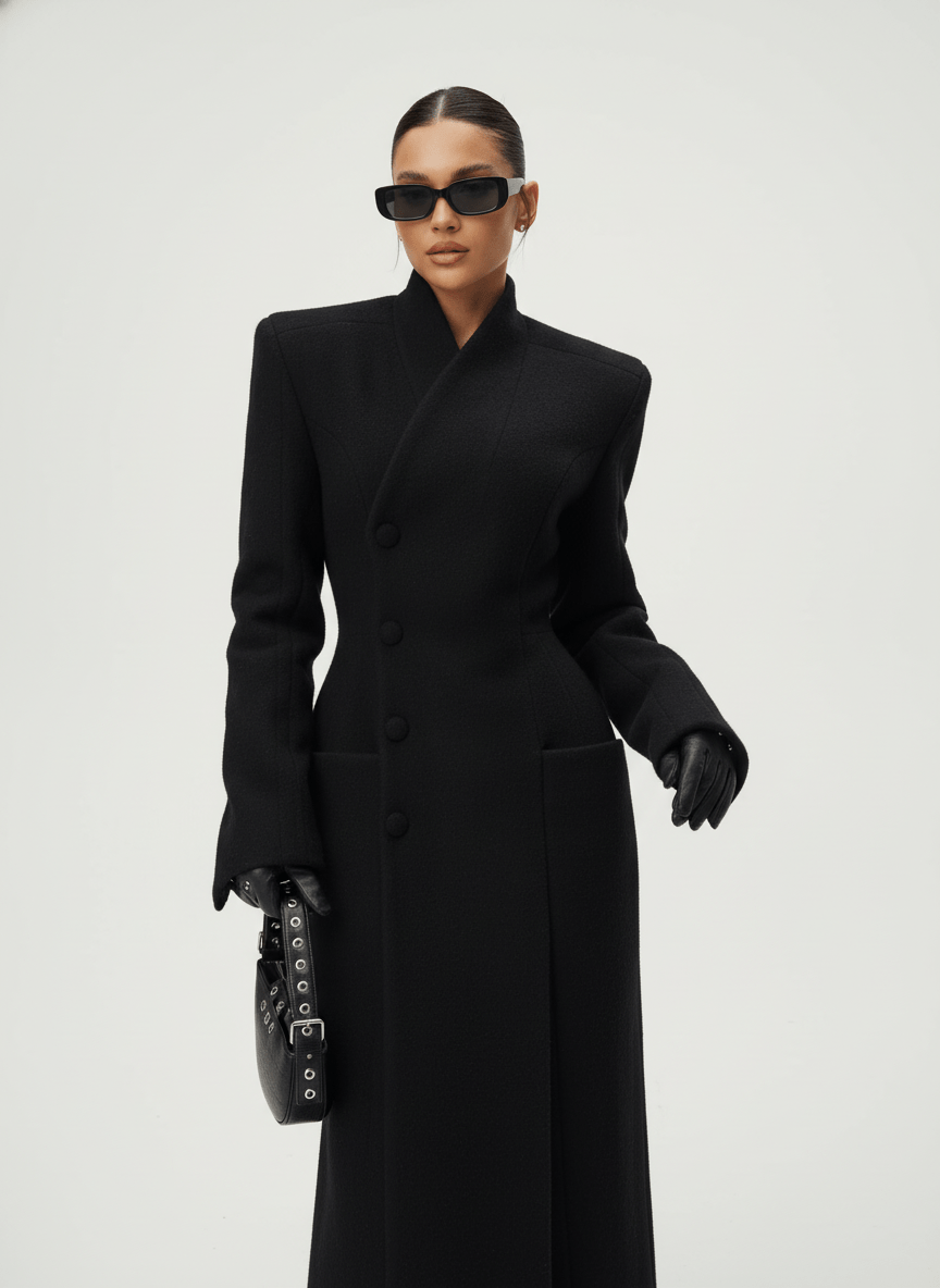 Women's black tailored maxi coat with high collar, button front and flap pockets