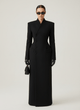 Women's black tailored maxi coat with high collar, button front and flap pockets