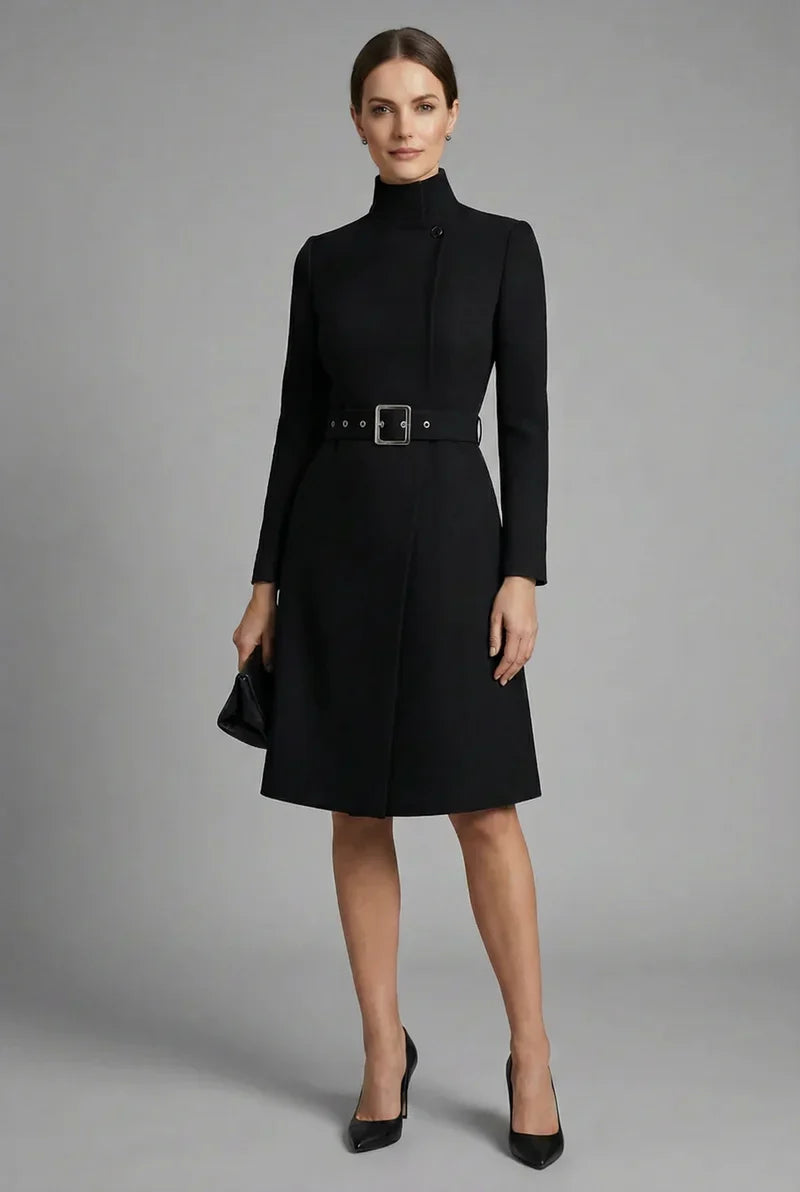 Women's black high neck asymmetric belted coat