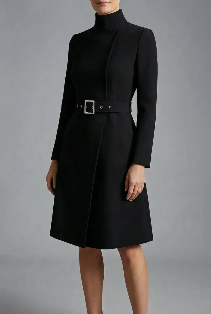 Women's black high neck asymmetric belted coat