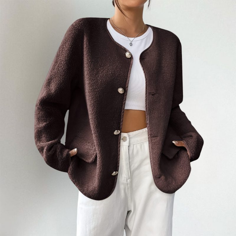 Women's dark brown collarless cardigan with buttons, long sleeves and front pockets
