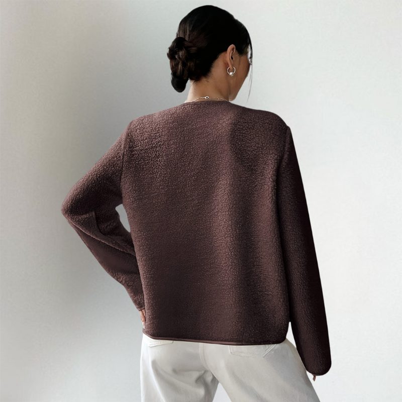 Women's dark brown collarless cardigan with buttons, long sleeves and front pockets