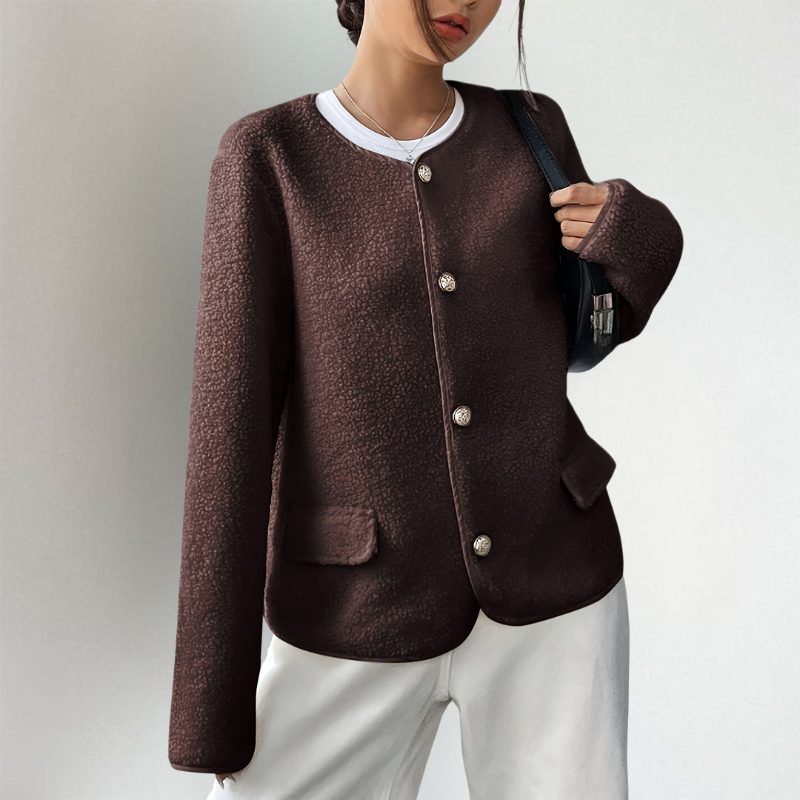 Women's dark brown collarless cardigan with buttons, long sleeves and front pockets