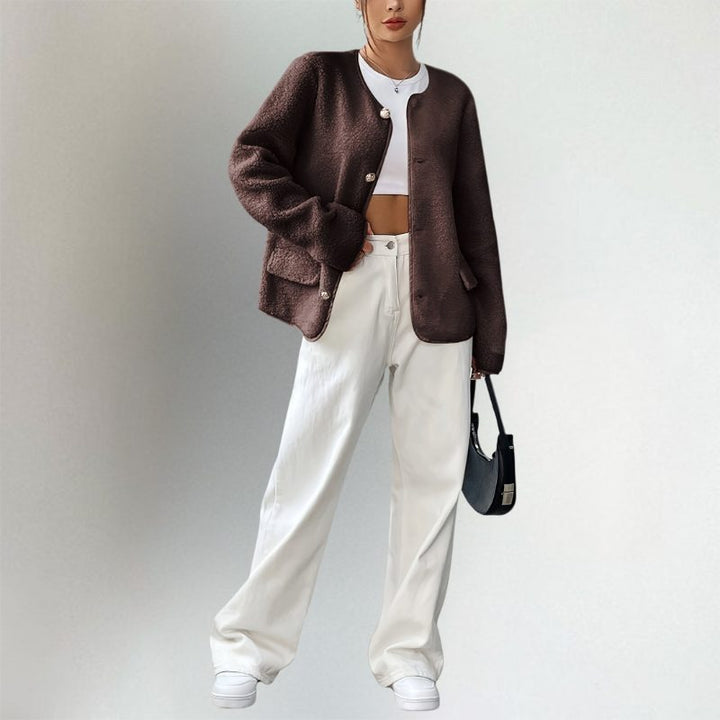 Women's dark brown collarless cardigan with buttons, long sleeves and front pockets
